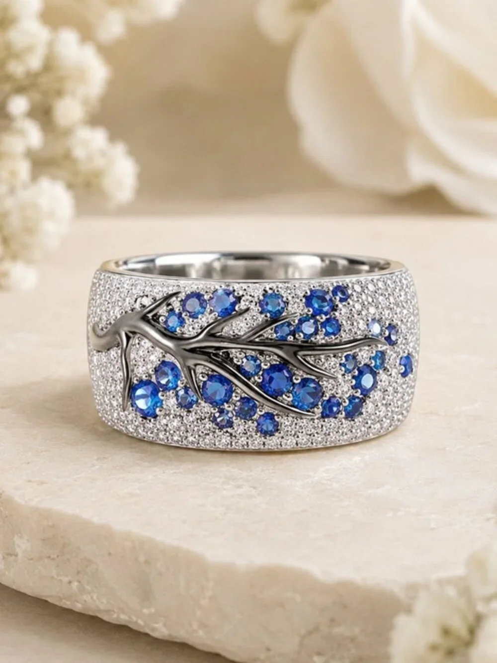 Silver Plum Tree Branch Blue Crystal Statement Ring Micro Pave SZ 6 NWT